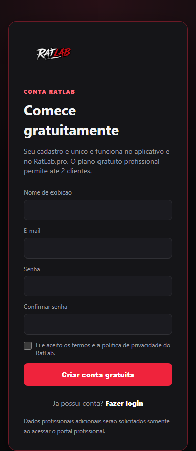 Captura da tela de cadastro do aplicativo RatLab